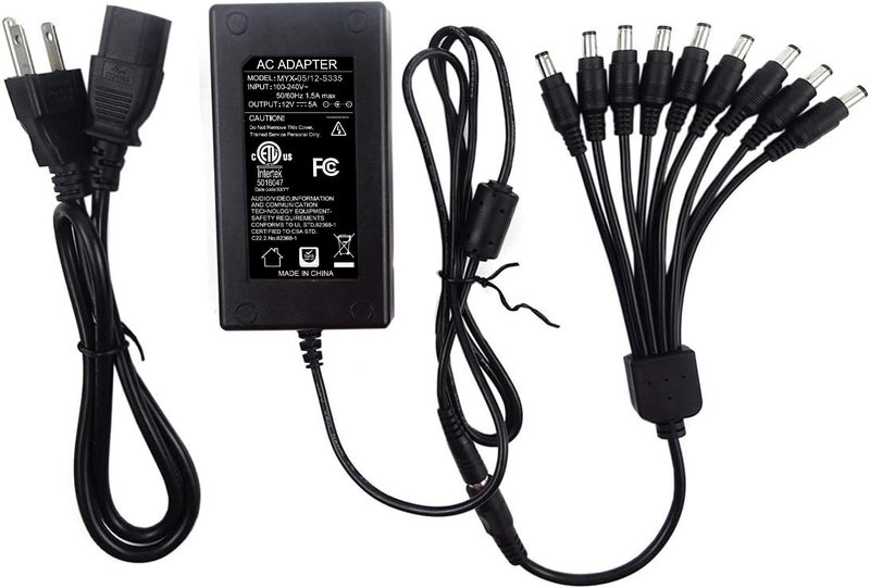 TIGERSECU Security Camera Power Adapter with 9-Way Power Splitter, 12V 5A 100V-240V 2.1x5.5mm Power Supply, Compatible with Lorex, Samsung, Q-See, Night Owl, Swann, Annke IP and BNC Cameras - Image 1